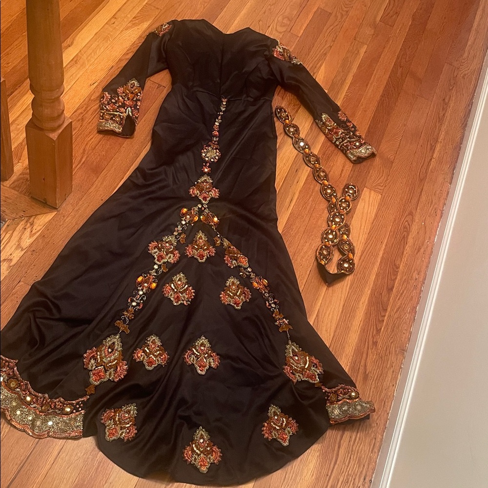 Embroidered Black Gown with Gold and Red Accents